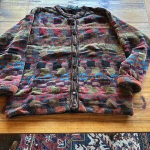 Maggie White geometric cardigan multi color sweater wool chenille vintage London